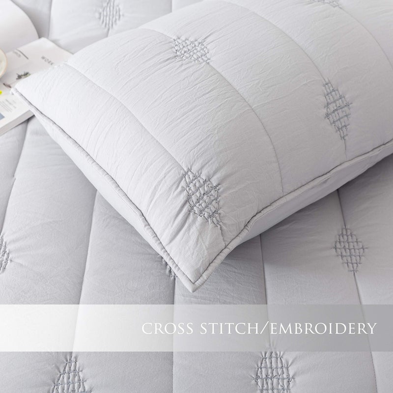 ANNA.Z HOME King Quilt Set, Lightweight Bedding Set, Silver Grey, Washed Soft Fabric, Boho Embroidered Coverlet, All-Season, Machine Washable, 3-Piece Set, 1 Quilt + 2 Shams (Light Grey, King Set) - Image 3